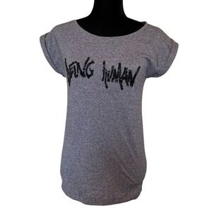 Being Human Heather Gray Beaded Graphic Short Sleeve T-Shirt Rolled Cuff Tee